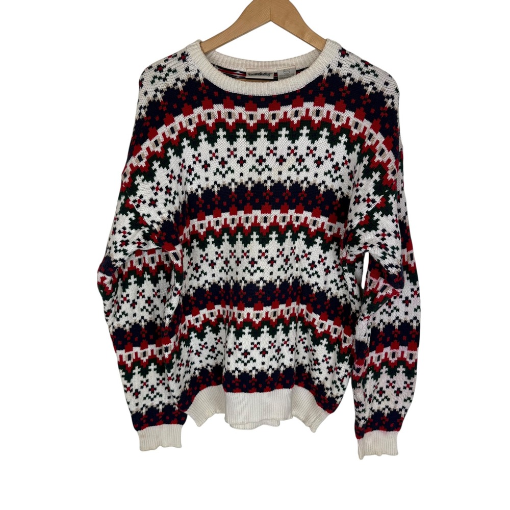 Grandpa Crew Neck Sweater XL Fair‎ Isle Cotton Red Green Navy Holiday Knit